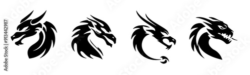 Set of Dragon Heads Tribal Illustration