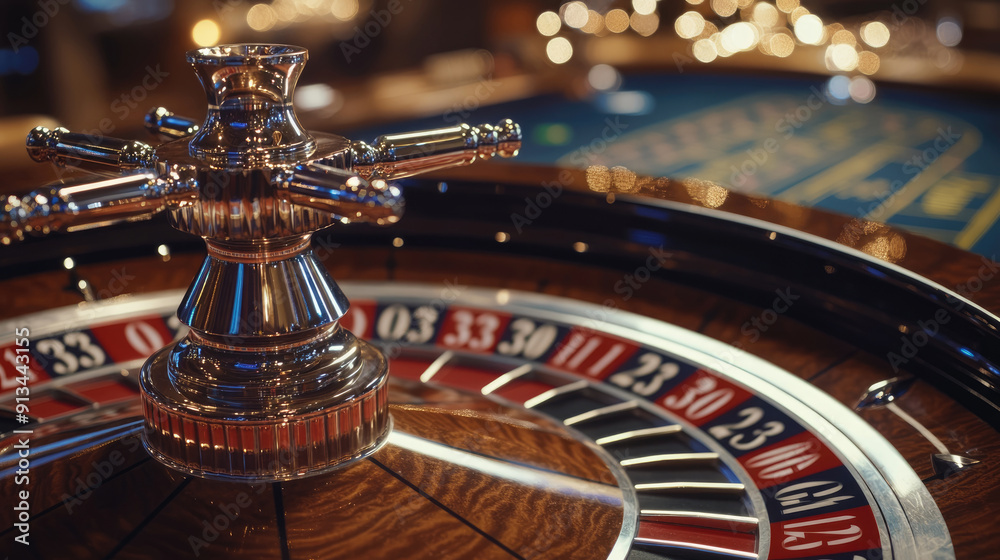 A close-up shot of the roulette wheel spinning in an elegant casino, with colorful numbers and chips scattered around it. A close-up shot of the roulette wheel spinning in an elegant casino, with colorful numbers and chips scattered around it.