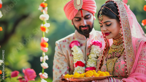 Indian couple in festive attire holding a puja thali, performing religious rituals with colorful background photo