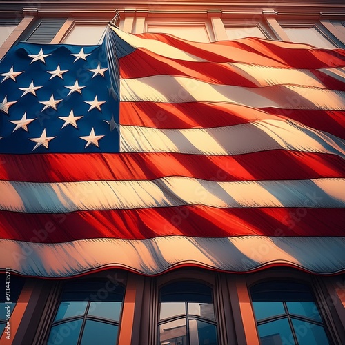 American flag on the window of an old building, USA