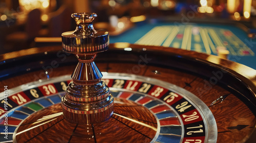 A close-up shot of the roulette wheel spinning in an elegant casino, with colorful numbers and chips scattered around it.