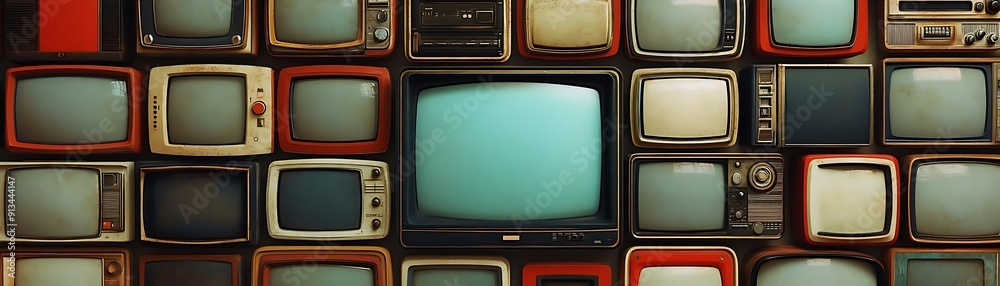 Vintage Televisions Wall, Old Televisions, Retro TV Screens, 3D Illustration