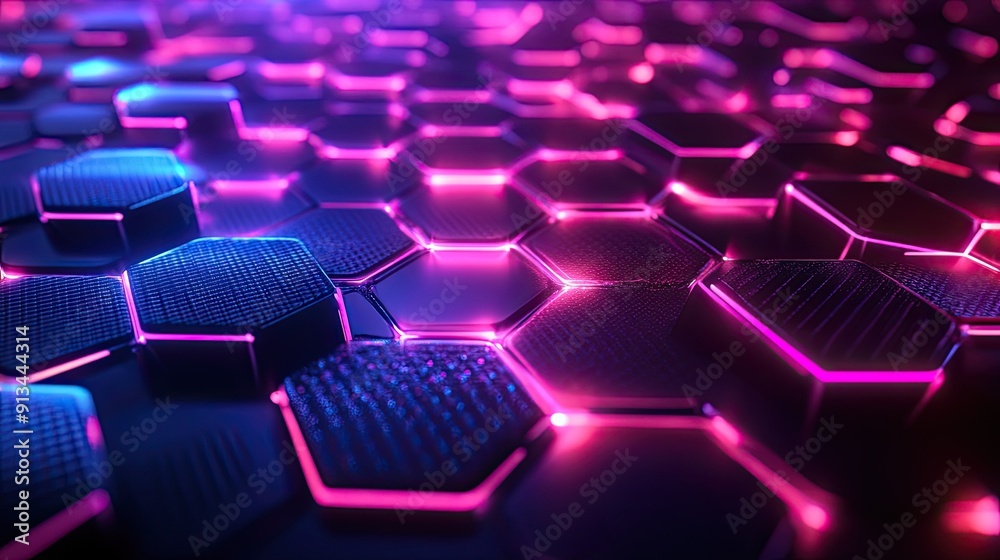 3D background with a grid of glowing hexagons and digital waves, ideal for showcasing futuristic tech concepts