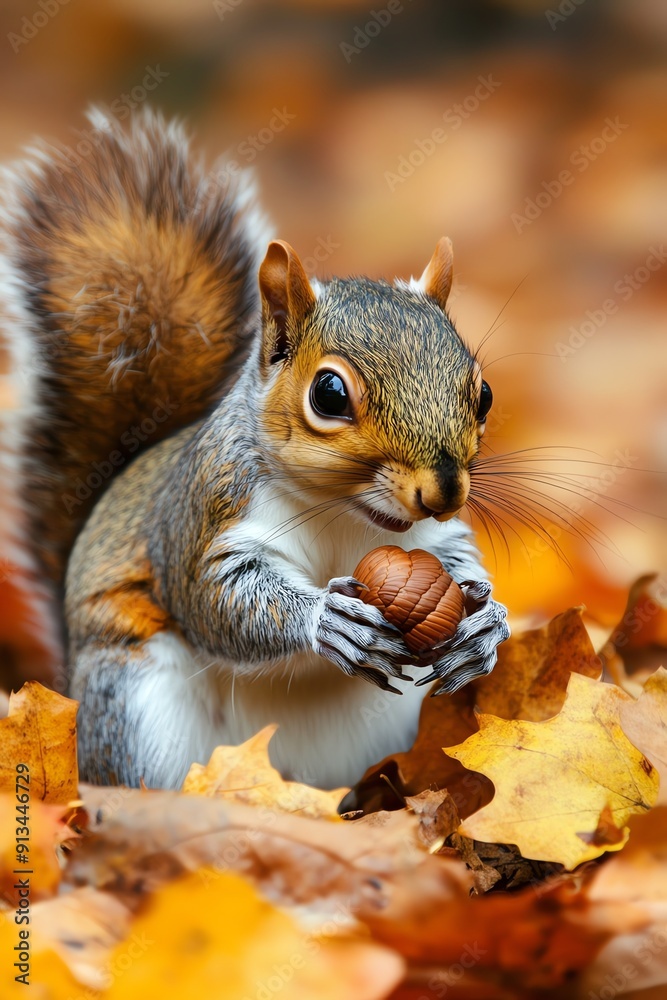 Obraz premium A playful squirrel holds an acorn amidst vibrant autumn leaves, showcasing nature's beauty and wildlife charm.