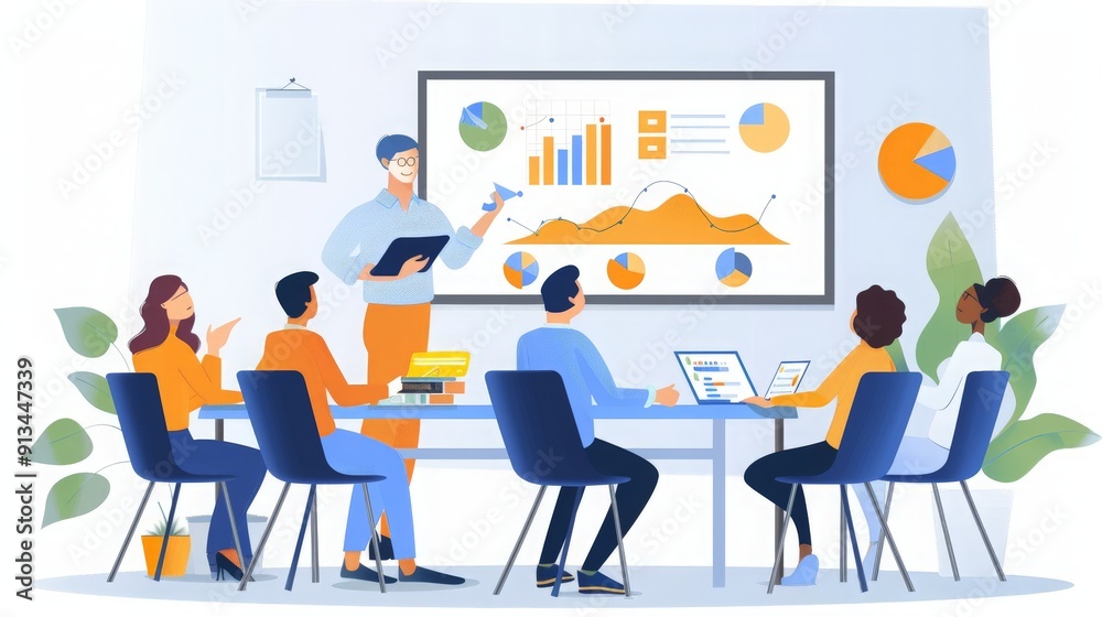 A team meeting in a conference room, leader presenting data on a screen, attentive and engaged audience A team meeting in a conference room, leader presenting data on a screen, attentive and engaged audience