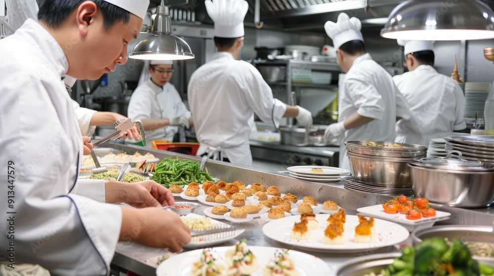 A team of chefs collaborating in a busy kitchen, preparing dishes together, synchronized and efficient A team of chefs collaborating in a busy kitchen, preparing dishes together, synchronized and efficient