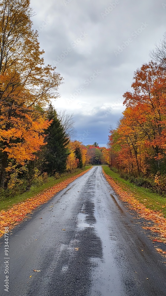 A serene autumn scene with a winding road surrounded by vibrant fall foliage and a moody sky. Perfect for nature lovers. A serene autumn scene with a winding road surrounded by vibrant fall foliage and a moody sky. Perfect for nature lovers.
