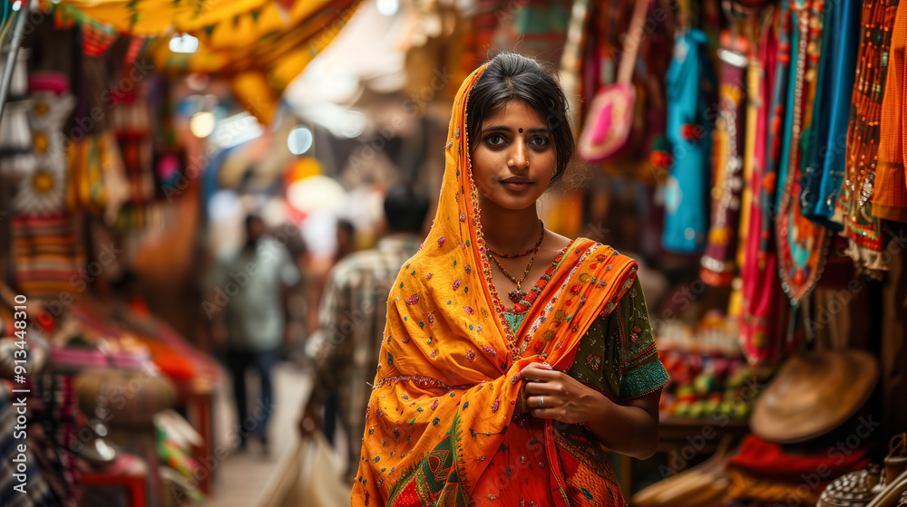 Fototapeta premium Indian woman in a colorful dupatta, walking through a bustling street market, exploring and shoppin