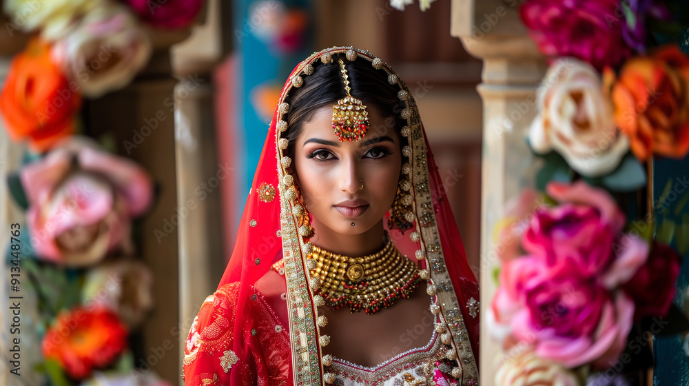 Indian woman in a traditional lehenga, standing at the entrance of a decorated home for a festiva Indian woman in a traditional lehenga, standing at the entrance of a decorated home for a festiva