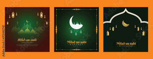 Eid, e, Milad, un-Nabi, wishes or greeting social media feed template two banner green colour and premium design with mosque, lamps, green colour, Vector illustration