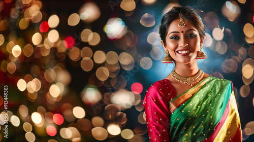 Indian woman wearing green and red saree, festival celebration