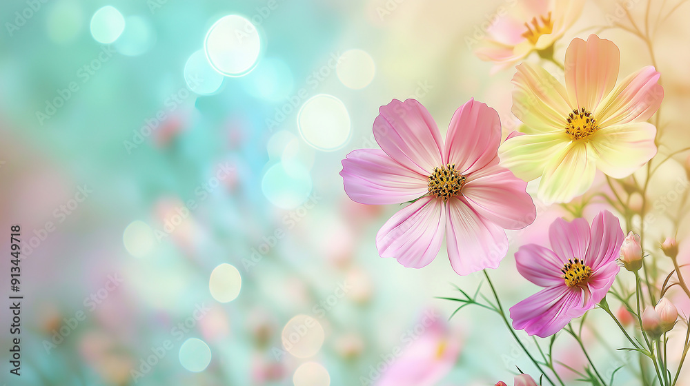 summer flowers on Blurred background with soft pastel colors, bokeh effect, pink green yellow white summer flowers on Blurred background with soft pastel colors, bokeh effect, pink green yellow white