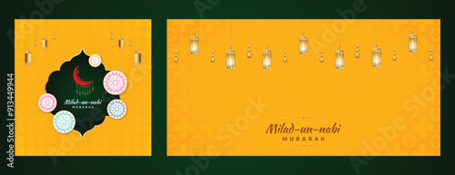 Eid, e, Milad, un-Nabi, wishes or greeting social media feed template two post or banner yellow and premium design with mandala Vector illustration