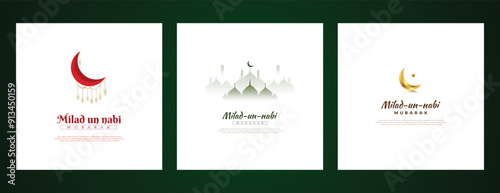 Eid, e, Milad, un-Nabi, wishes or greeting social media feed template three post or banner white and premium design with mosque, moon, Vector illustration