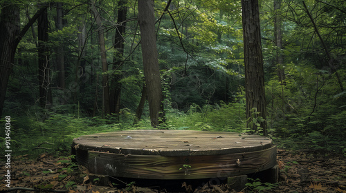 an empty wooden podium in forest for products display or advertisement background