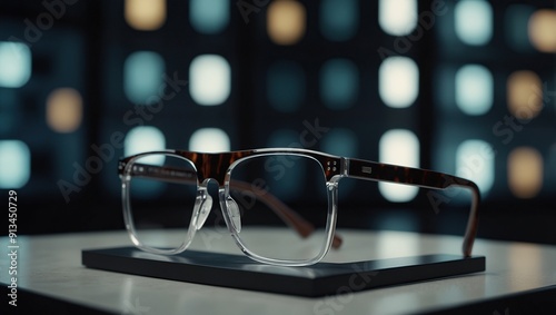 A pair of sleek glasses resting on top of a modern display case with built-in technology, A high-tech display of smart glasses with built-in augmented reality features