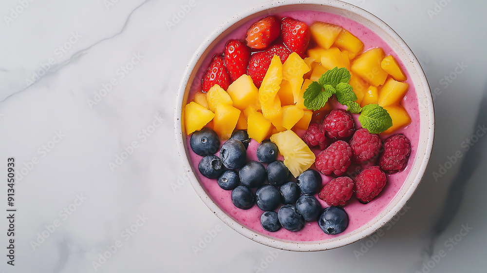 a colorful smoothie bowl, fruit toppings, white marble background a colorful smoothie bowl, fruit toppings, white marble background
