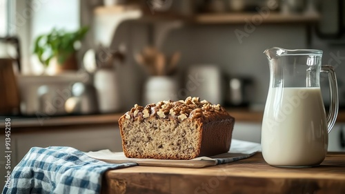 Banana bread with walnuts and a jug of milk on a rustic kitchen counter,  banana bread with walnuts ,  comfort food