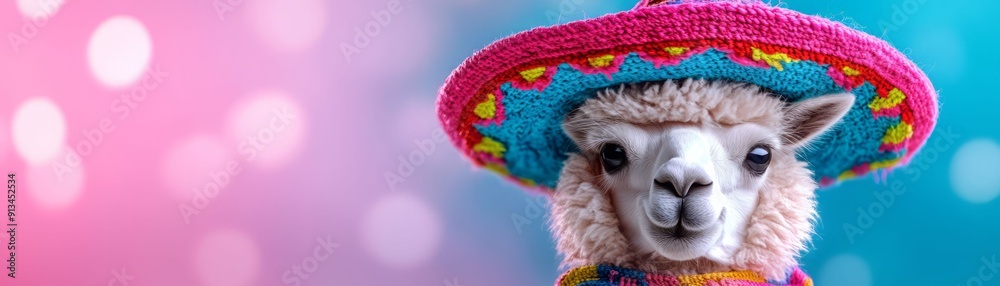 Fototapeta premium A charming llama wearing a colorful sombrero against a vibrant background, symbolizing joy and celebration.