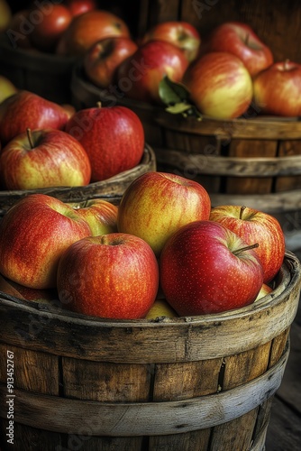 Fresh red apples in wooden baskets ready for harvest, showcasing the beauty of nature's bounty.