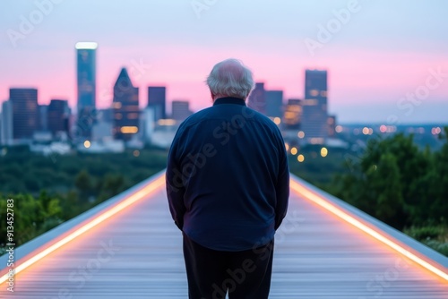 A man stands on a path overlooking a city skyline at sunset, surrounded by vibrant colors and a serene atmosphere.