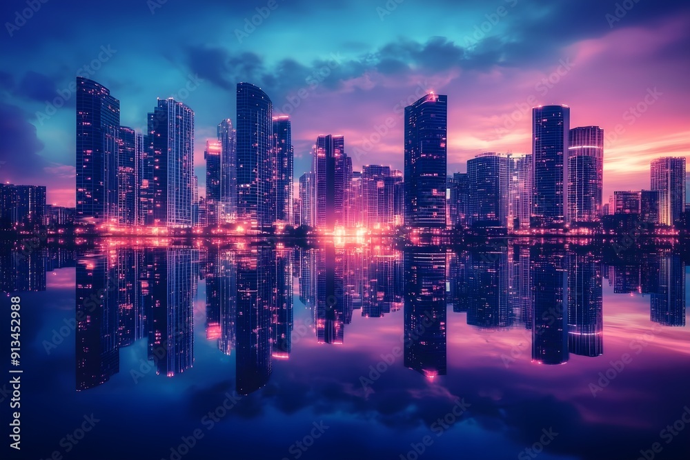Obraz premium Cityscape at the blue hour, featuring high-rise buildings with their lights reflecting on a tranquil lake
