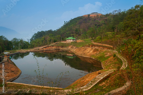 Chayatal or Chaya Taal, West Sikkim, India, Nature, silence and peace. Famous for Reflection of snow-capped Mount Kanchenjunga and Kabru on lake water, Himalayan mountains and forest surrounding. photo