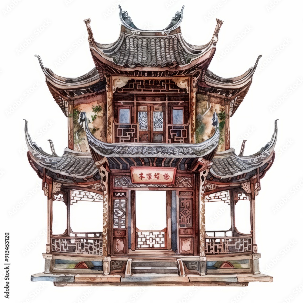 Fototapeta premium Watercolor painting of a Chinese tea house with ornate wooden carvings, on isolated white background