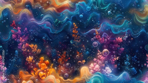 Abstract Dreamscape with Wavy Patterns and Bubbles