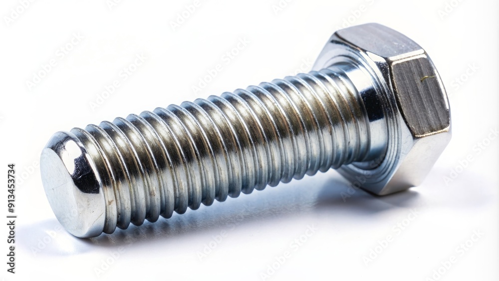 Close-up of a shiny bolt isolated on white background, bolt, metal, steel, fastener, hardware, industrial, equipment, object Close-up of a shiny bolt isolated on white background, bolt, metal, steel, fastener, hardware, industrial, equipment, object