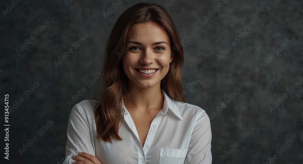A smiling woman in a white shirt posing with arms crossed on a grey background, concept of confidence A smiling woman in a white shirt posing with arms crossed on a grey background, concept of confidence