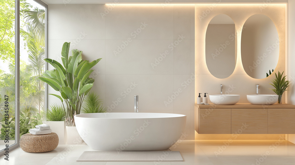 Fototapeta premium A stylish bathroom in a modern house with 2000s influences, featuring a filled bathtub, recessed lighting, vessel sinks, and a blend of warm and cool tones, no people.