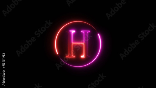 Bright neon letter, alphabet font icon illustration on black background.