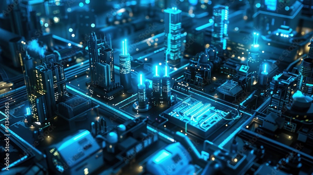 Fototapeta premium Security with AI smart surveillance at industrial factory and compound, blue highlighted Ai Security, AI generated for Ads