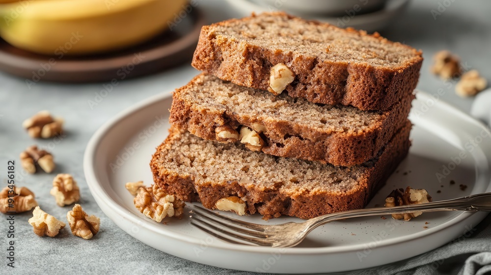 Stack of banana bread slices with walnuts, on a white plate with a vintage fork,  banana bread with walnuts ,  classic dessert