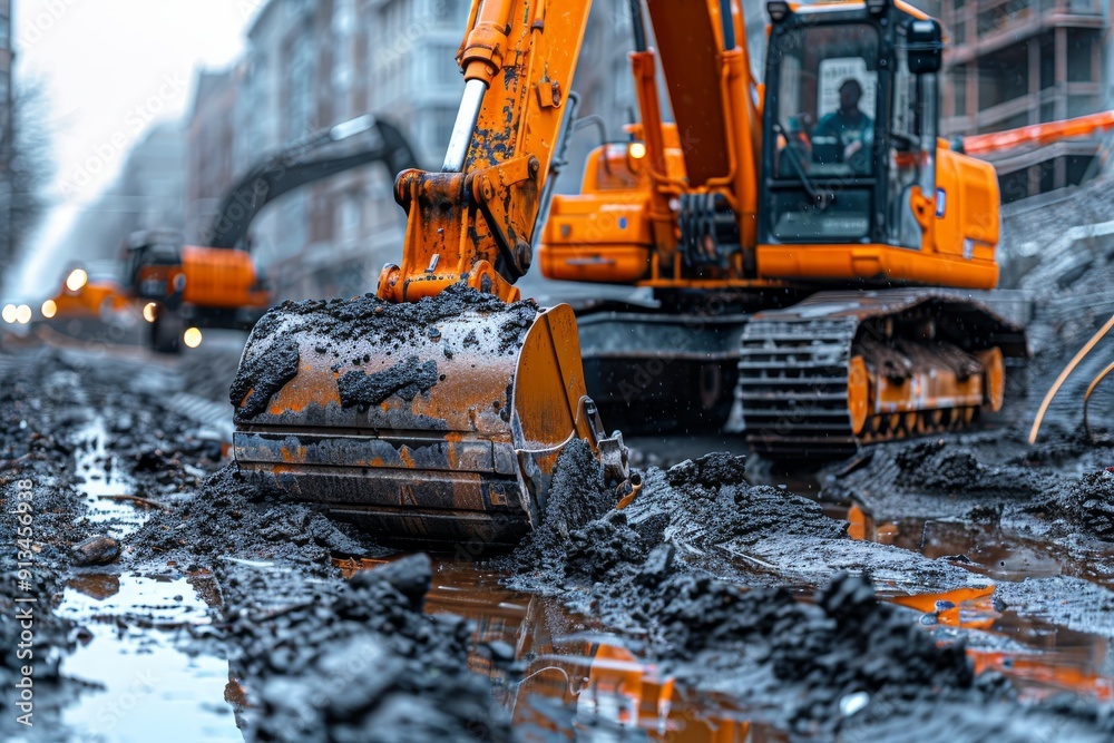 Excavator preparing foundation at construction site for house building, ground leveling process Excavator preparing foundation at construction site for house building, ground leveling process