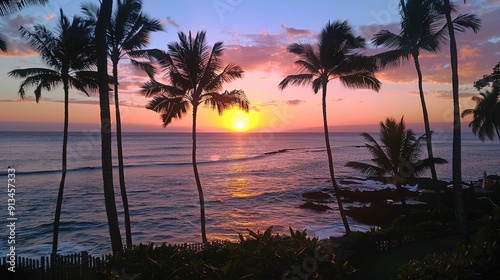 Sunset Over the Ocean with Silhouetted Palm Trees