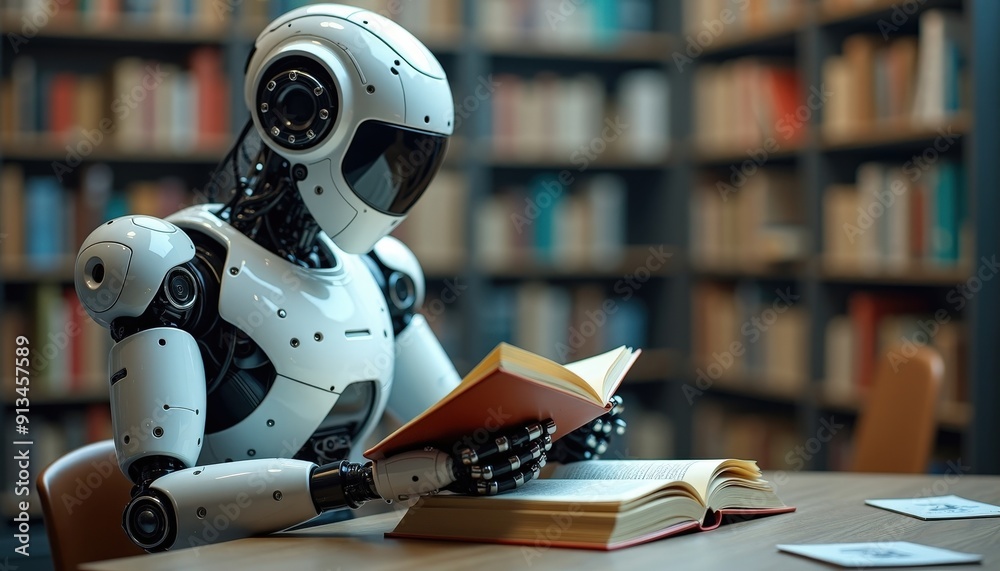 Robot Reading a Book in a Library. Robot Reading a Book in a Library.