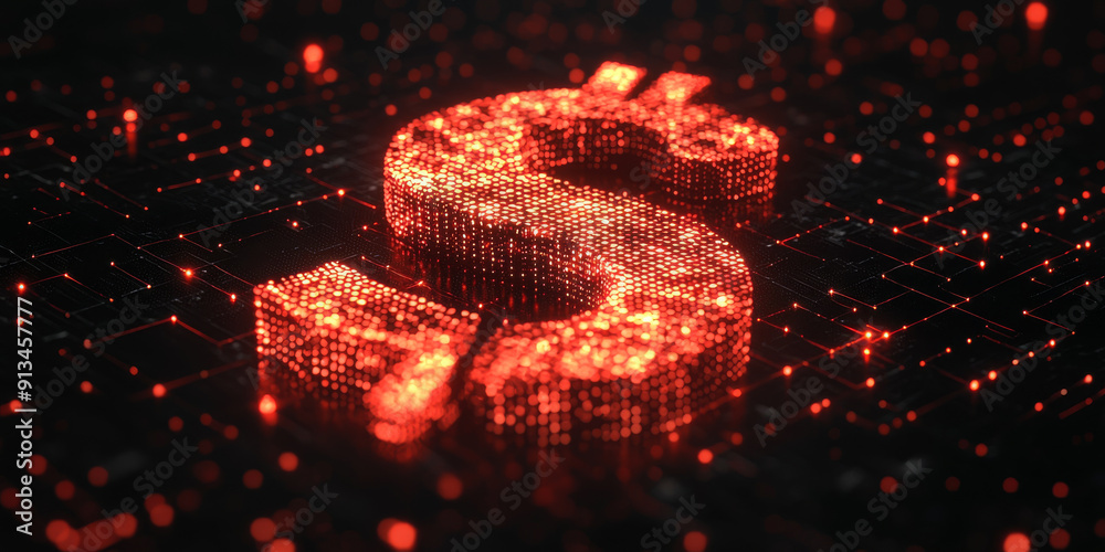 Glowing Dollar Sign with Abstract Digital Elements on Dark Background Glowing Dollar Sign with Abstract Digital Elements on Dark Background