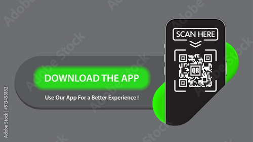 Download The App Now with QR code and Smartphone. Promotional Stickers, cover, label, and banner. Simple UI Design. Vector.