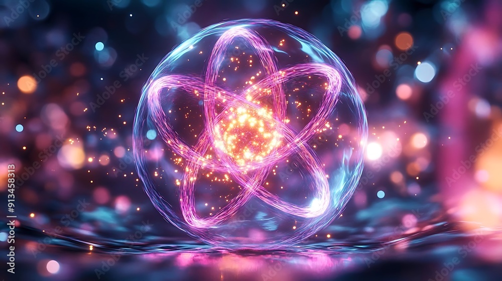 Glowing Abstract Atom Illustration with Bokeh Background Glowing Abstract Atom Illustration with Bokeh Background