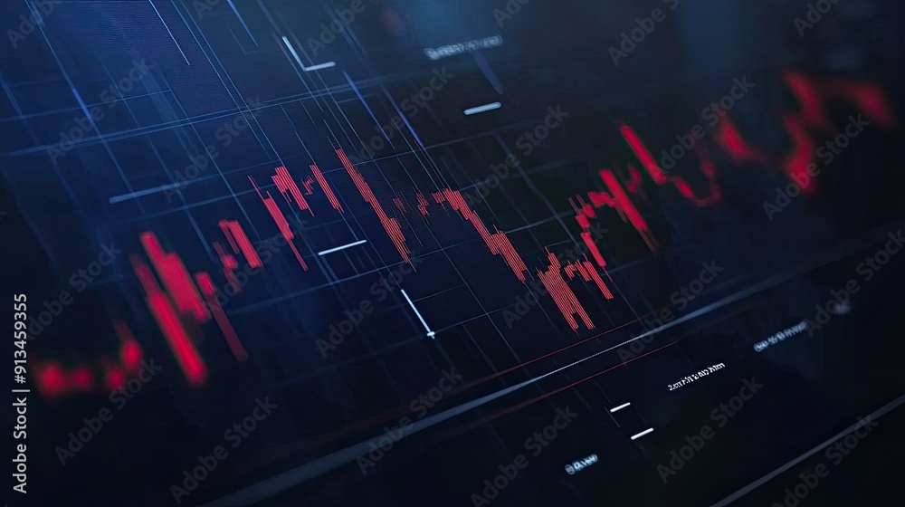 Close-up view of a digital market graph displaying red fluctuations, ideal for financial themes and data analysis visualizations. Close-up view of a digital market graph displaying red fluctuations, ideal for financial themes and data analysis visualizations.