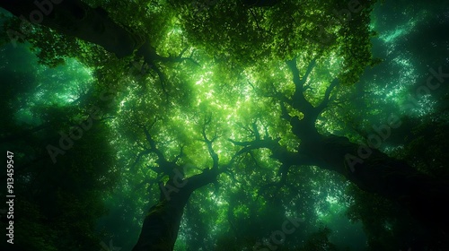 Looking Up Through the Canopy of a Lush Forest Photo