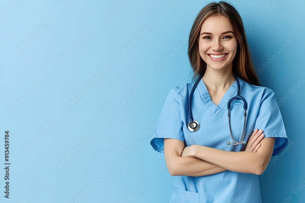 Smiling nurse in blue scrubs with stethoscope against a blue background, exuding professionalism and care in healthcare. Smiling nurse in blue scrubs with stethoscope against a blue background, exuding professionalism and care in healthcare.