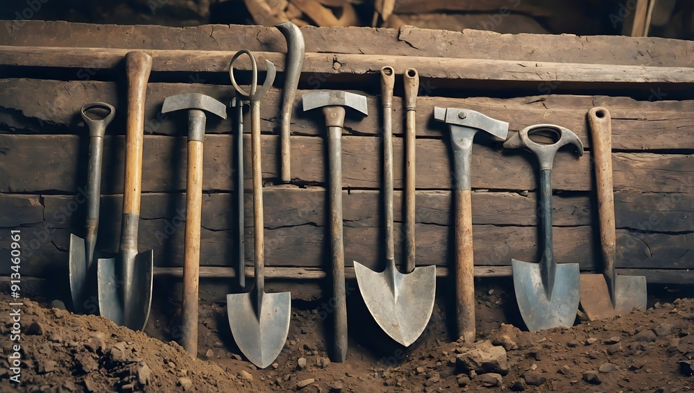 Old, worn tools displayed on dirt, highlighting their history and the craftsmanship of a bygone era. GENERATIVE AI Old, worn tools displayed on dirt, highlighting their history and the craftsmanship of a bygone era. GENERATIVE AI