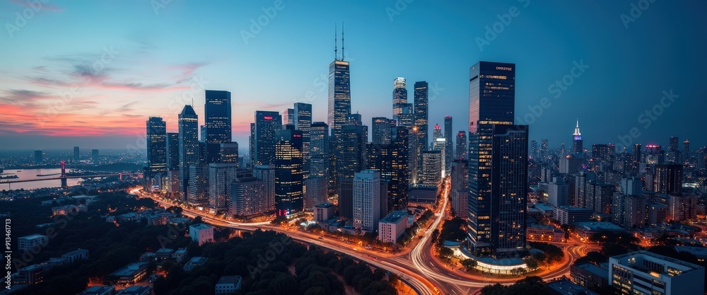 Fototapeta premium Cityscape at Sunset with Light Trails.