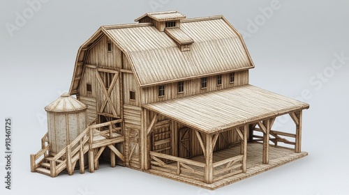 Intricately Detailed Wooden Barn Model With Silo and Porch - Ideal for Architectural Display, Farm Diorama, and Collectors photo