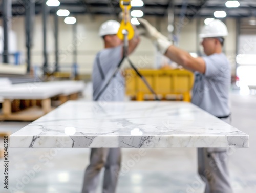 Workers safely transporting a large marble slab using a crane in a warehouse setting.