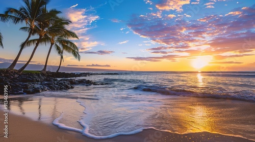 Sunset over the Ocean with Palm Trees and Sandy Beach