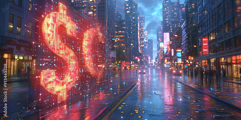Glowing Dollar Sign with Abstract Digital Elements on Dark Background Glowing Dollar Sign with Abstract Digital Elements on Dark Background